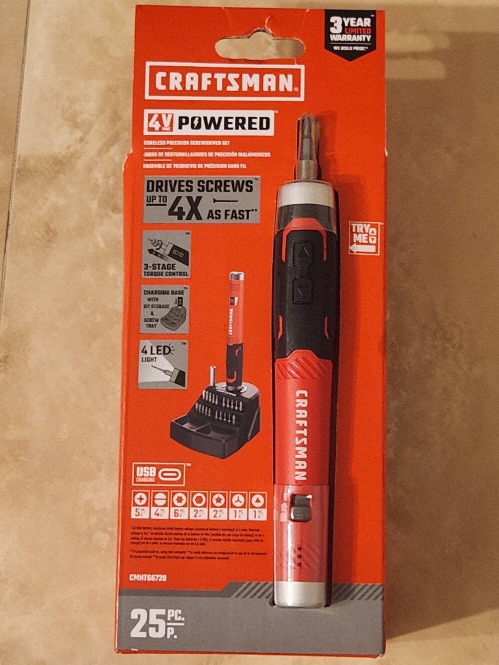 Craftsman CMHT66720 4V Cordless Powered Screwdriver USB Rechargeable 25pc